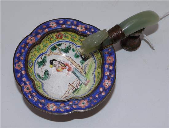 Chinese enamel dish with jade handle